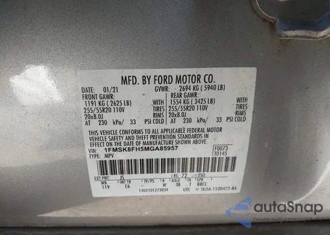 2021 Ford Explorer Limited z USA, uszkodzony, nr VIN 1FMSK8FH5MGA85957